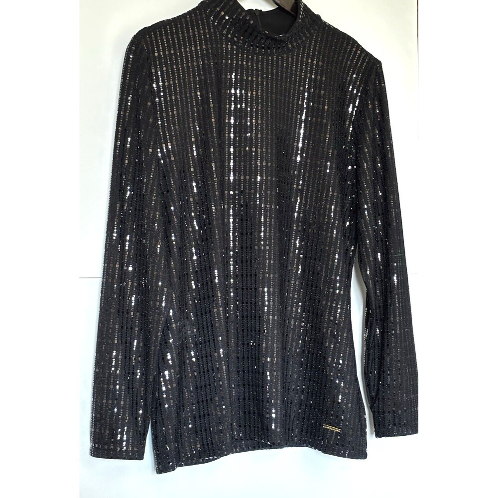 Anne Klein Long Sleeve Mock Neck Holiday Top in Black with Silver Accents Size L